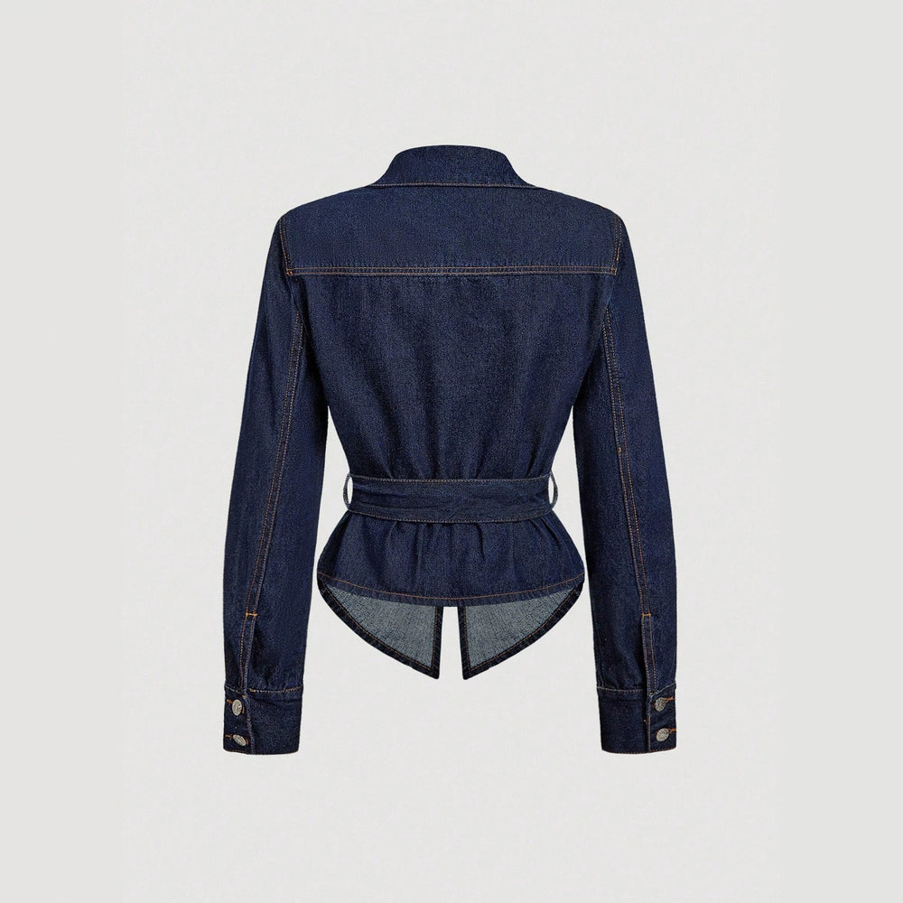 X-spot-66220#fashion  cross-border fashion women's versatile waist design belt denim jacket