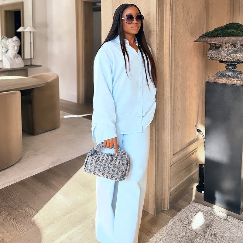 European and american cross-border african women's fashion  summer new solid color turn-down collar long sleeve shirt and high-waisted pants fashion set