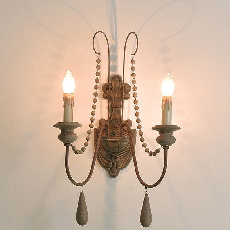 American retro wall lamp - cordless charging, solid wood, french style for living room, bedroom, bedside, hallway, stairway, candle wall sconce