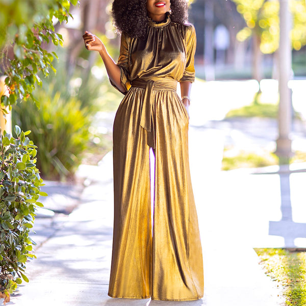 X20083  exclusive for , Europe, America and  women's clothing, fashion temperament, waist wide-leg jumpsuit with pockets