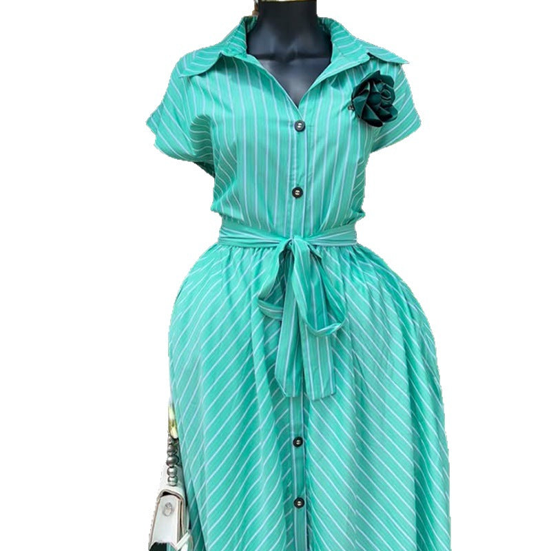 European and american cross-border women's fashion:  spring new arrival - stylish striped midi dress with turn-down collar, tie detail, and button-down front