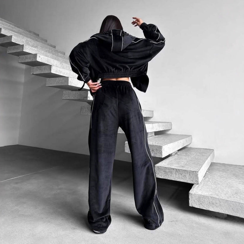 Europe, America, 's new velvet sports suit, bar-striped hooded cardigan, jacket, lace-up wide-leg pants, two-piece set for women