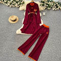 European and american fashion color block crew neck short sleeve knit top + cinched waist longline outerwear jacket + high-waisted pants three-piece set