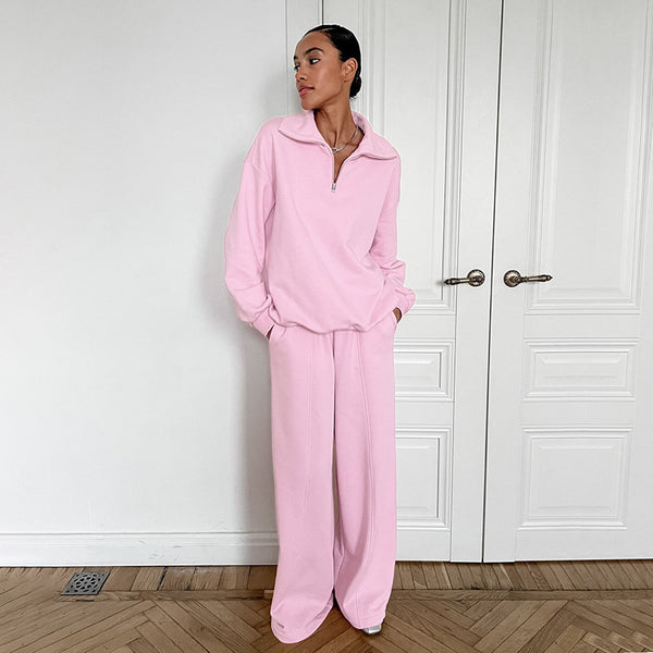 2024 autumn and winter Europe and America pink terry cloth sweater set women's fashion casual POLO shirt sweatpants two-piece set women's clothing
