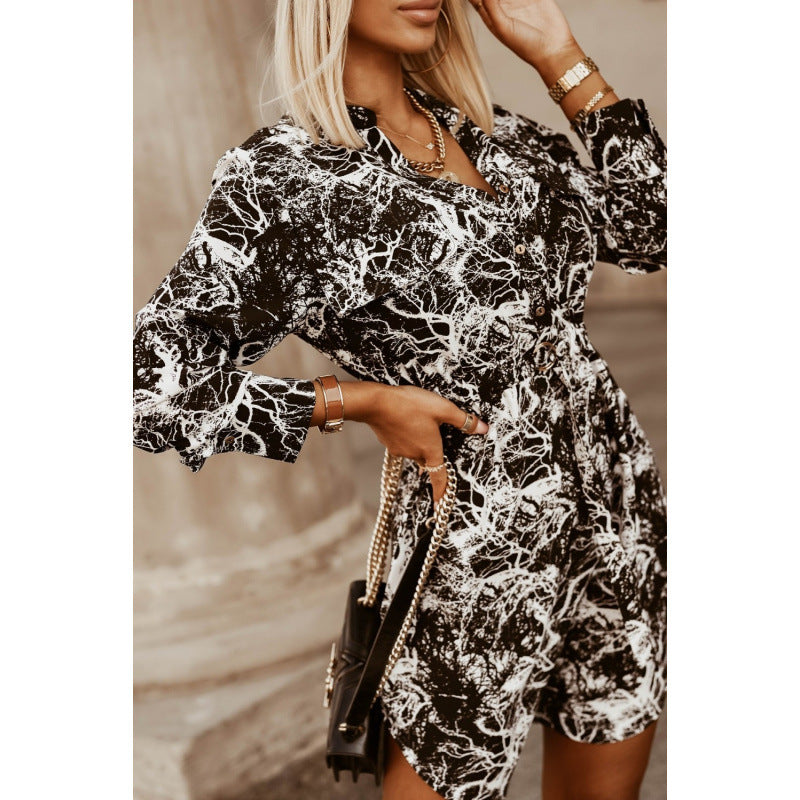 Aliexpress european and american style autumn/winter new arrival: cinched waist tie-up long sleeve printed shirt dress