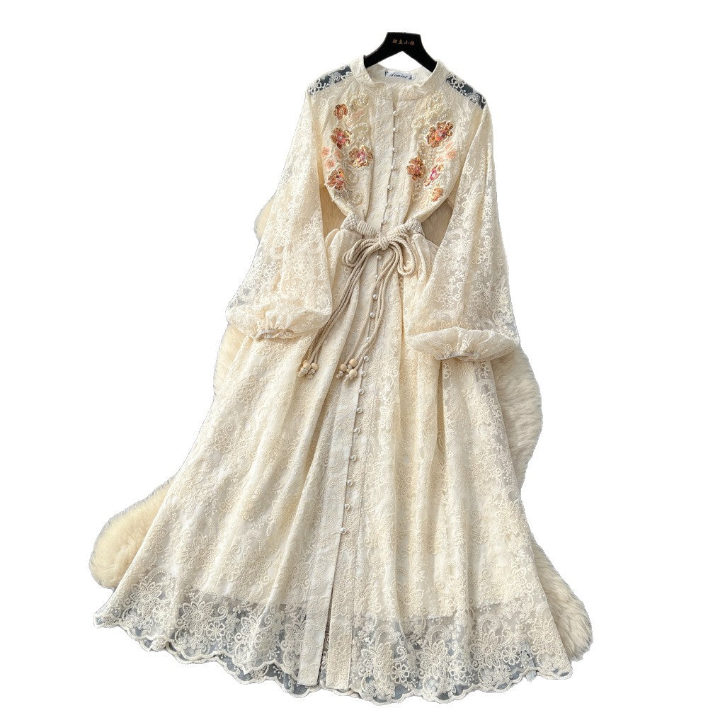 French retro heavy beaded sequin embroidered tie-waist lantern sleeve dress - women's autumn elegant maxi dress