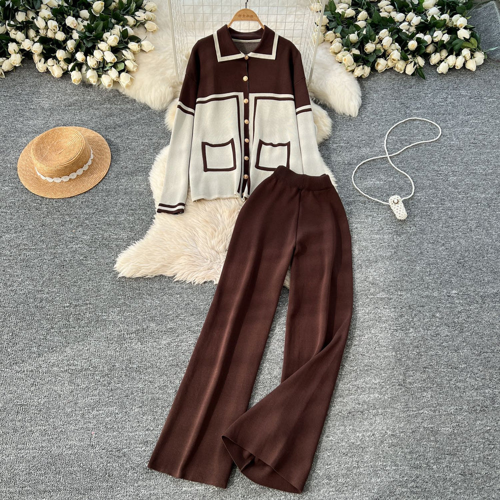 High-end suit for women, lazy style, fashion contrast color, metal buttons, lapel, long sleeves, knitting shirt, high waist, wide leg pants