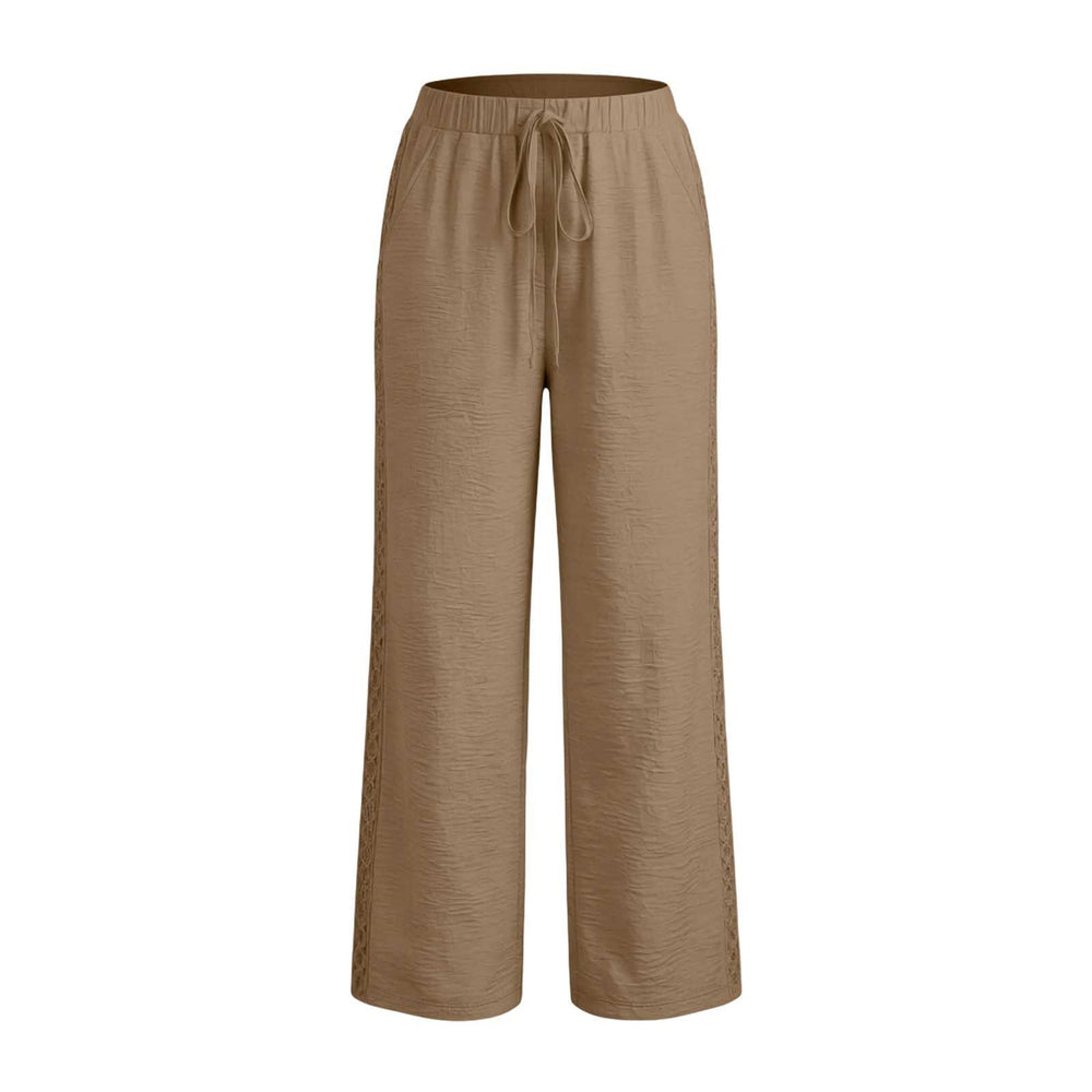 new european and american style women's fashion solid color lace trim elastic waistband pocket casual trousers