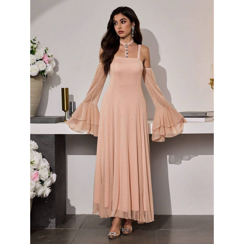 Amazon halter neck bell sleeve elegant dress women's  spring new arrival - slim fit waist dress