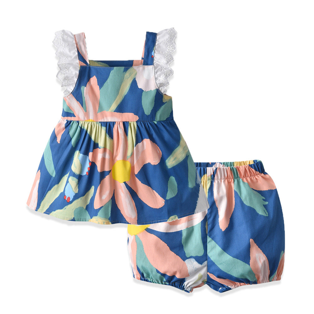 Korean style baby girl printed outfit set - new summer collection - trendy and chic short-sleeve set for toddlers