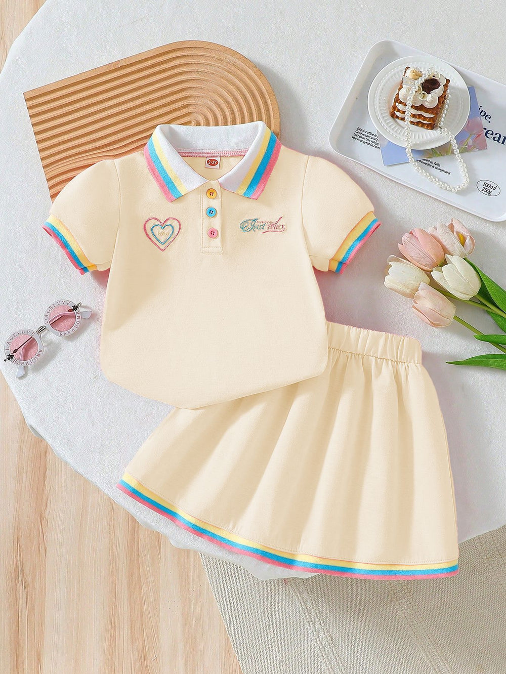 summer new arrival: girls' cute embroidered rainbow stripe collar polo dress two-piece outfit