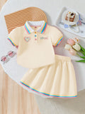 summer new arrival: girls' cute embroidered rainbow stripe collar polo dress two-piece outfit