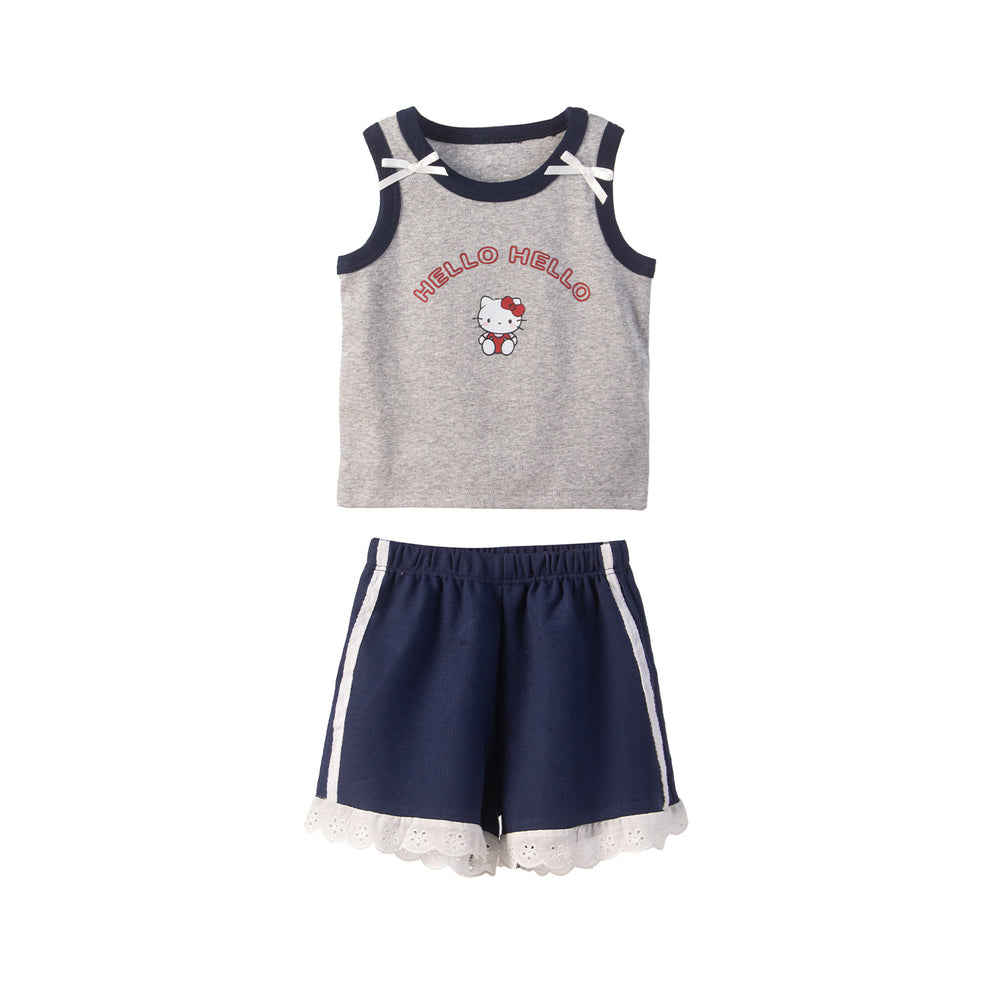Girls' summer outfit: new 3d bowknot cartoon print tank top and lace shorts set - wholesale & dropshipping available