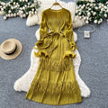Miura pleated dress women's  autumn tie-waist ruffle trim patchwork tassel pleated elegant maxi dress