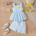Summer girls' tank top set - korean style floral embroidery print, ruffle hem, sky blue two-piece outfit for kids