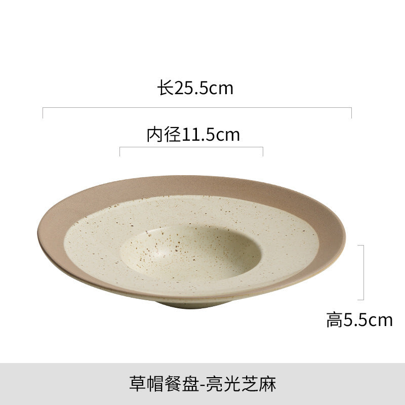 Vintage chic straw hat plate - kiln-fired ceramic, premium dinnerware for restaurants: ideal for main courses, desserts, soups, and culinary photography