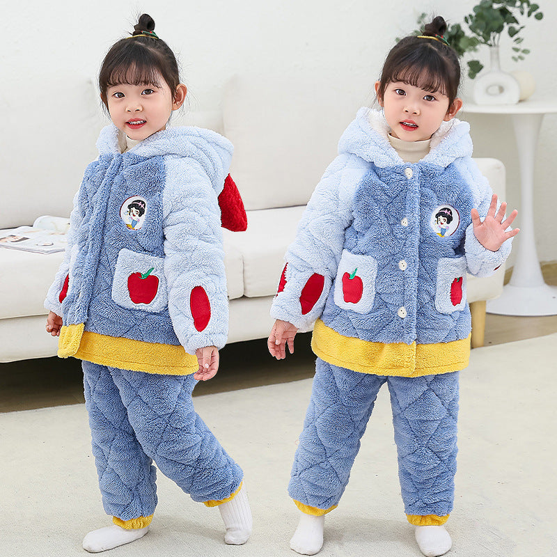 Girls' winter pajamas: three-layer fleece-lined, extra thick coral fleece, cute toddler and little girl's pajama set, loungewear