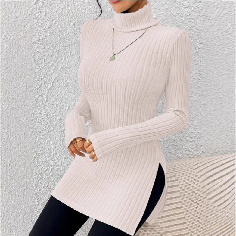 European and American  new women's turtleneck jumper, split-ended slim-fit bottoming shirt, pit striped medium and long top T-shirt