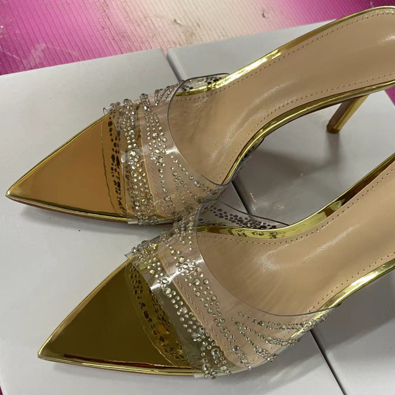Pointed toe stiletto rhinestone silver runway-ready women's 2026 new open-toe transparent tpu sandals & slides