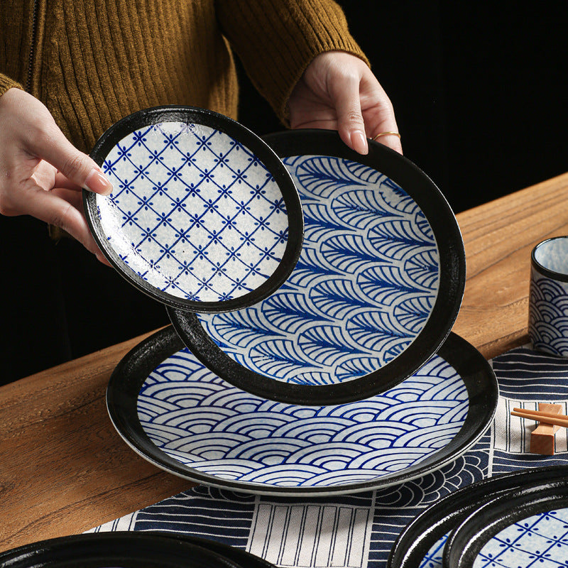 Japanese retro ceramic western dinner plate steak plate restaurant home hand-painted wave pattern unique ceramic sample room display plate