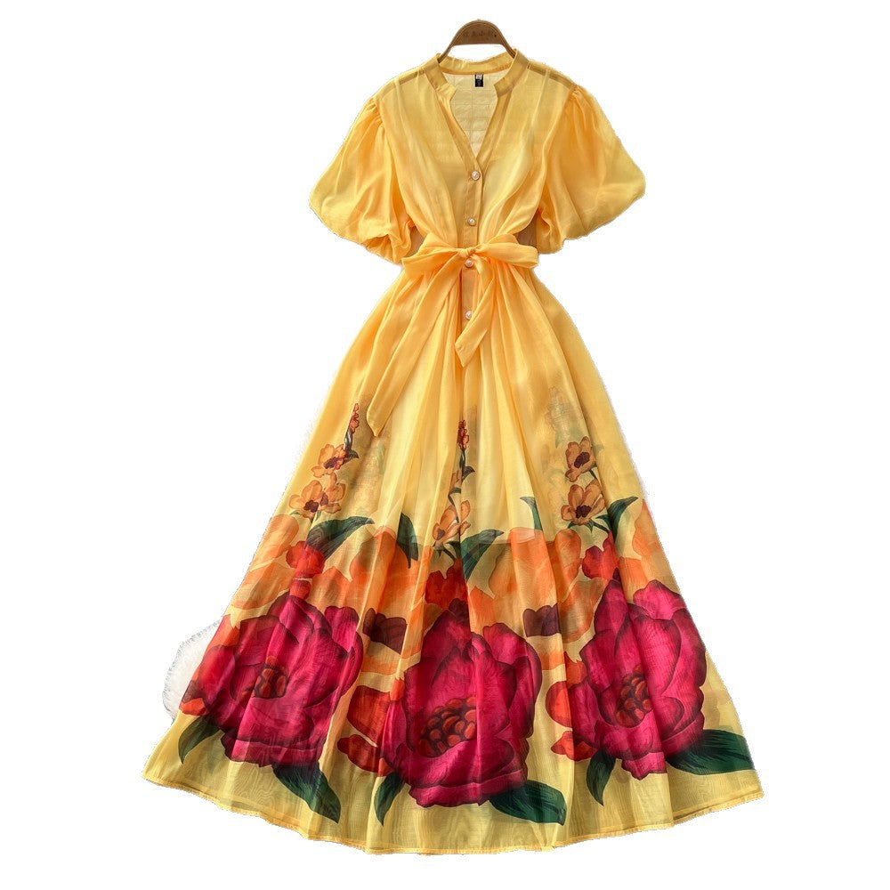 French riviera style v-neck puff sleeve floral print dress - women's summer midi dress with cinched waist and flared skirt
