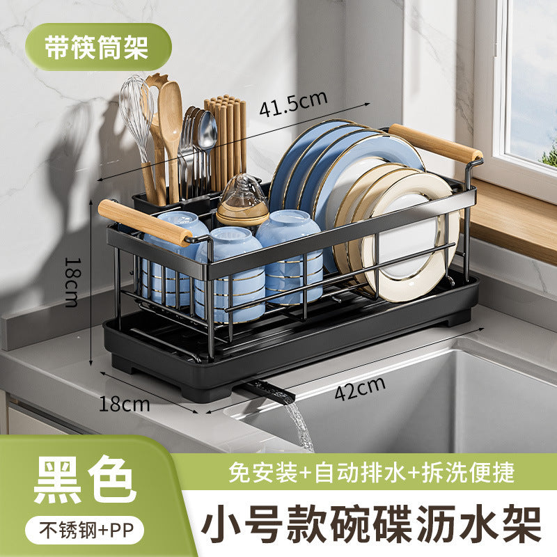 Stainless steel bowl rack, kitchen rack, countertop, household single-layer drain tray rack, large-capacity tableware and dish storage rack