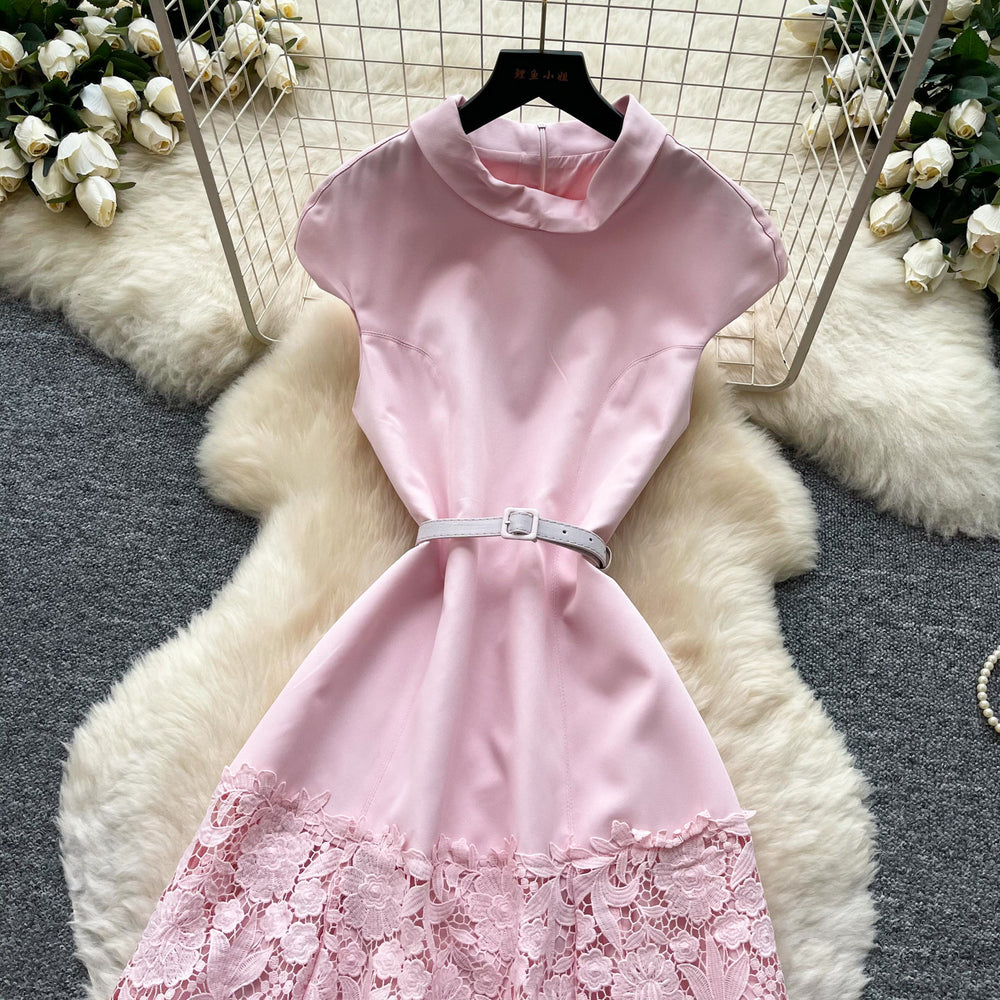 Elegant lace patchwork high-waisted a-line dress - slimming, figure-flattering, and perfect for summer events