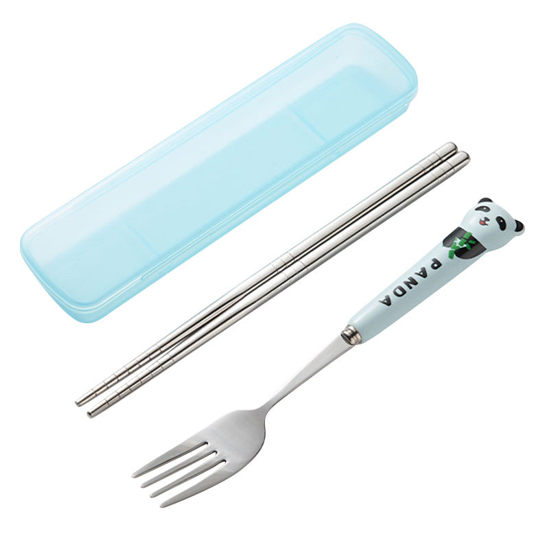 304 stainless steel portable cutlery set - creative panda design with ceramic handle fork, spoon, and chopsticks (3-piece set)