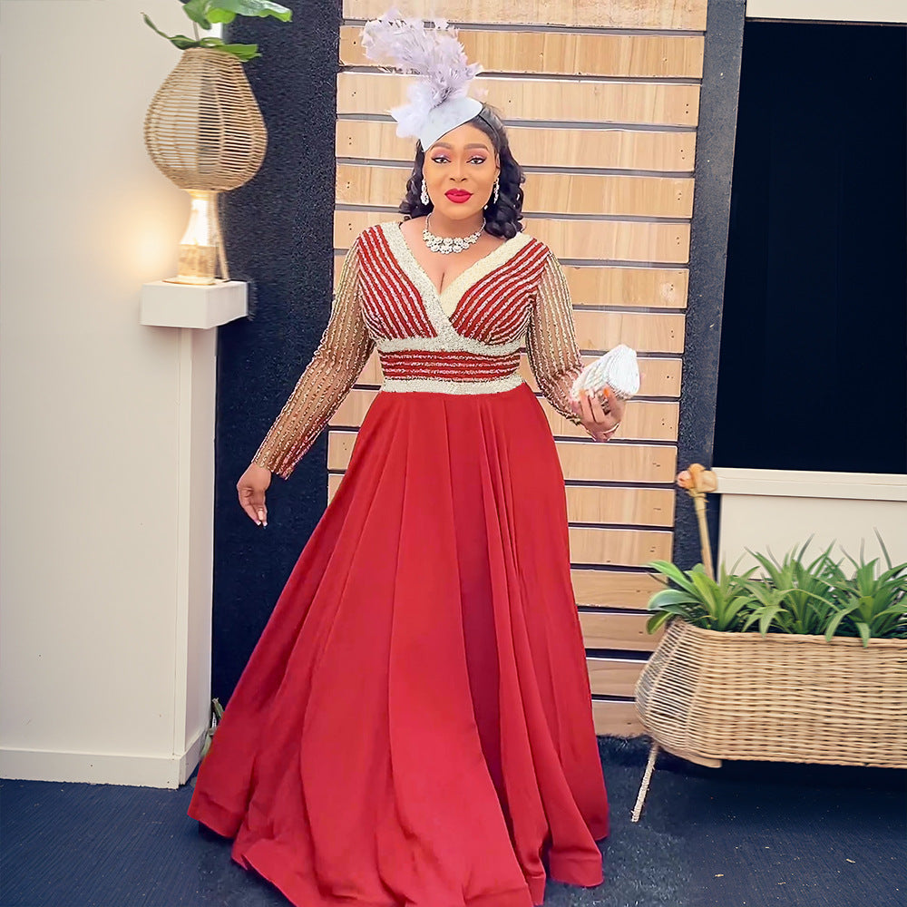 Fashion cross-border export  dress african plus size women's clothing autumnew arrival lace patchwork sequined long skirt
