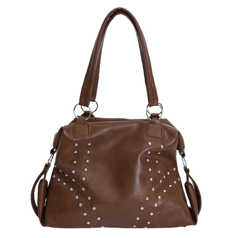 2025 new autumn/winter large capacity boston bag tote retro studded motorcycle style women's shoulder handbag