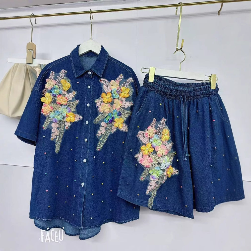 new european style heavy-duty denim set for women: designer cardigan and shorts, unique, fashionable, and relaxed fit two-piece outfit