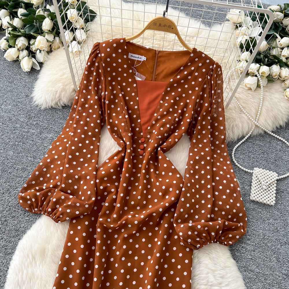 Vintage polka dot v-neck puff sleeve dress - women's summer slimming midi work dress