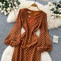 Vintage polka dot v-neck puff sleeve dress - women's summer slimming midi work dress