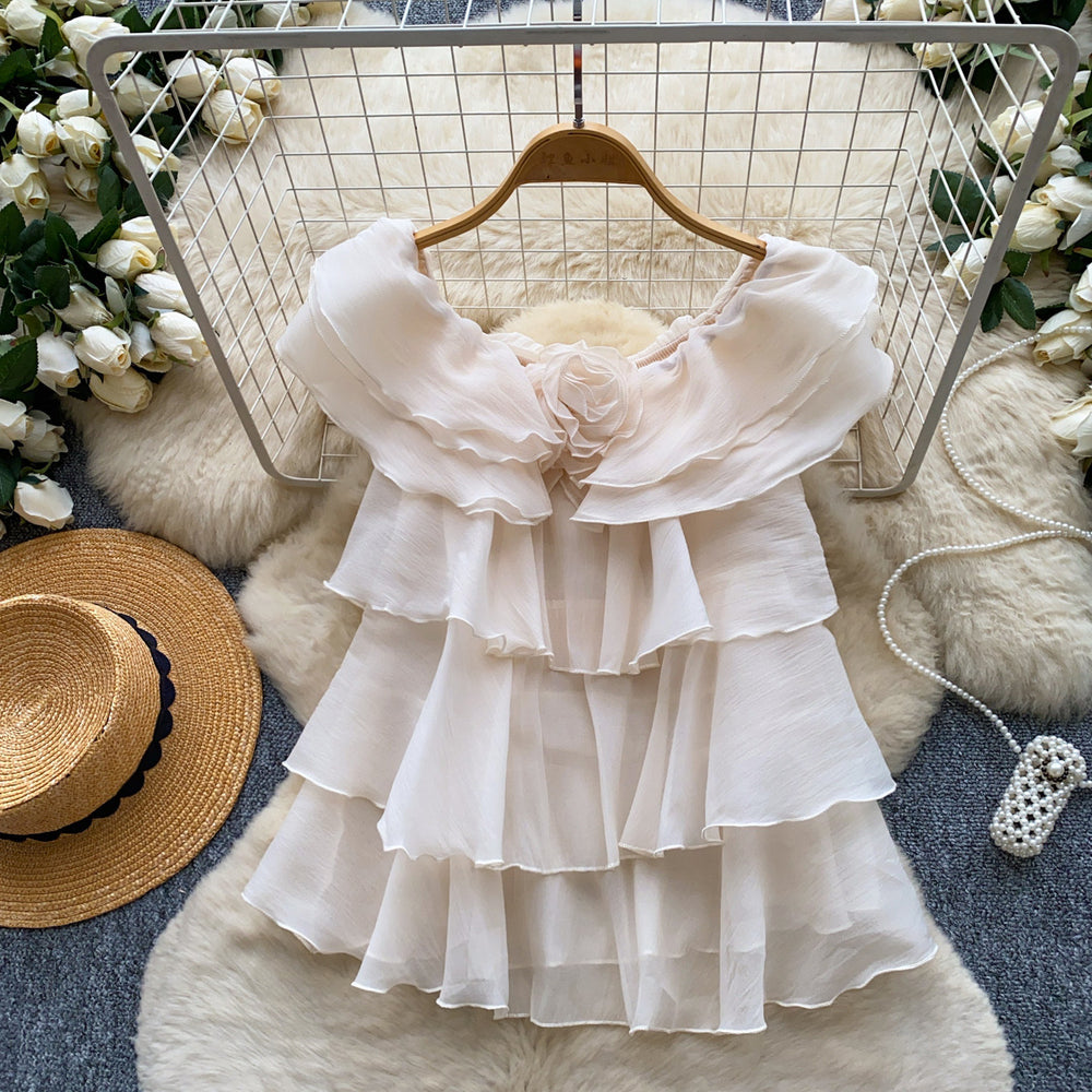 French chic pink ruffle chiffon blouse - women's summer off-the-shoulder floral sweet & elegant top