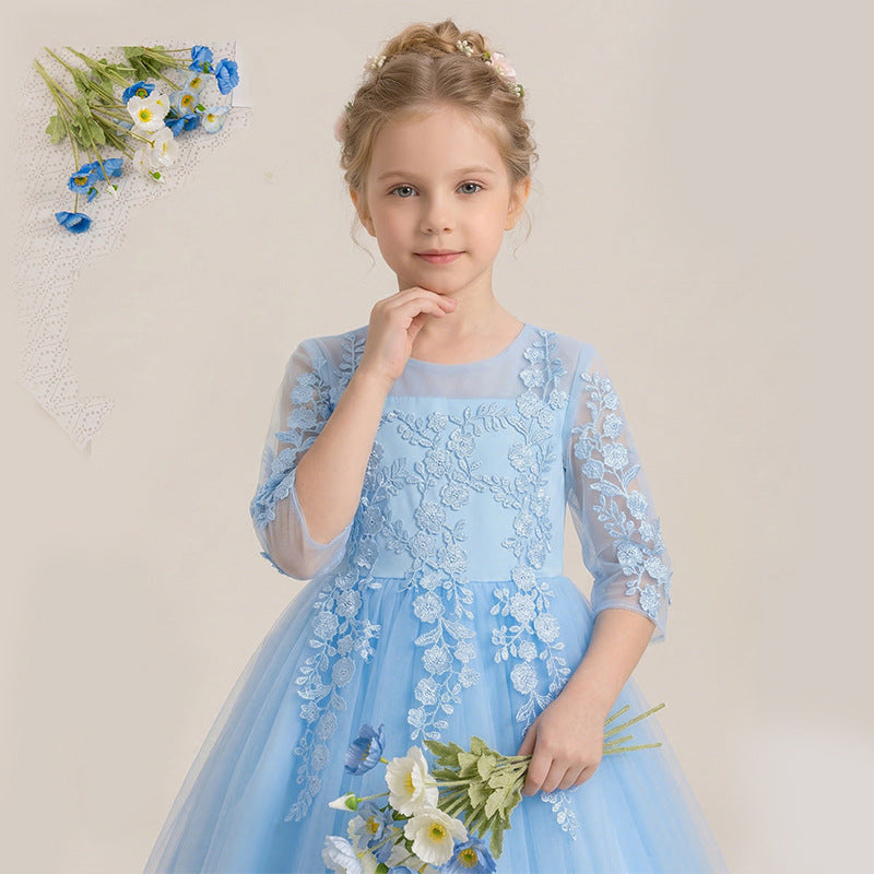 European and american style flower girl dress long sleeve princess children's wedding dress tutu girl's princess dress three-quarter sleeve summer