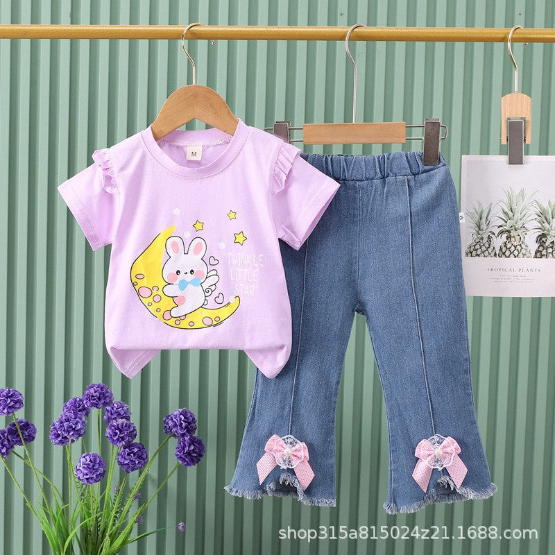 Girls' outfit  new cartoon cute animal korean style denim shorts lace short sleeve two-piece set for young children and toddlers