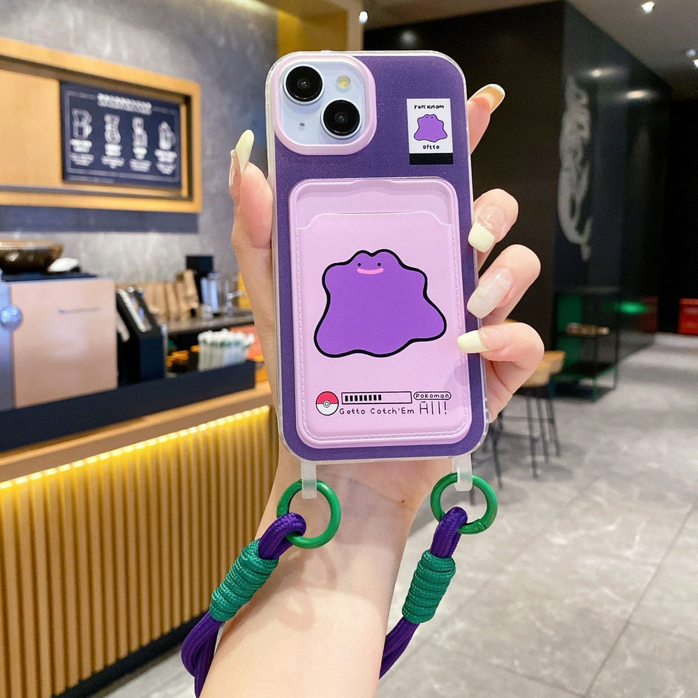 Creative card holder lanyard for apple 16 pro, cute purple monster phone case for iphone xr/12