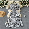 Gentle style female niche styleretro tea break v neck bell sleeves tie back waist slimming look a-line large swing floral dress for women