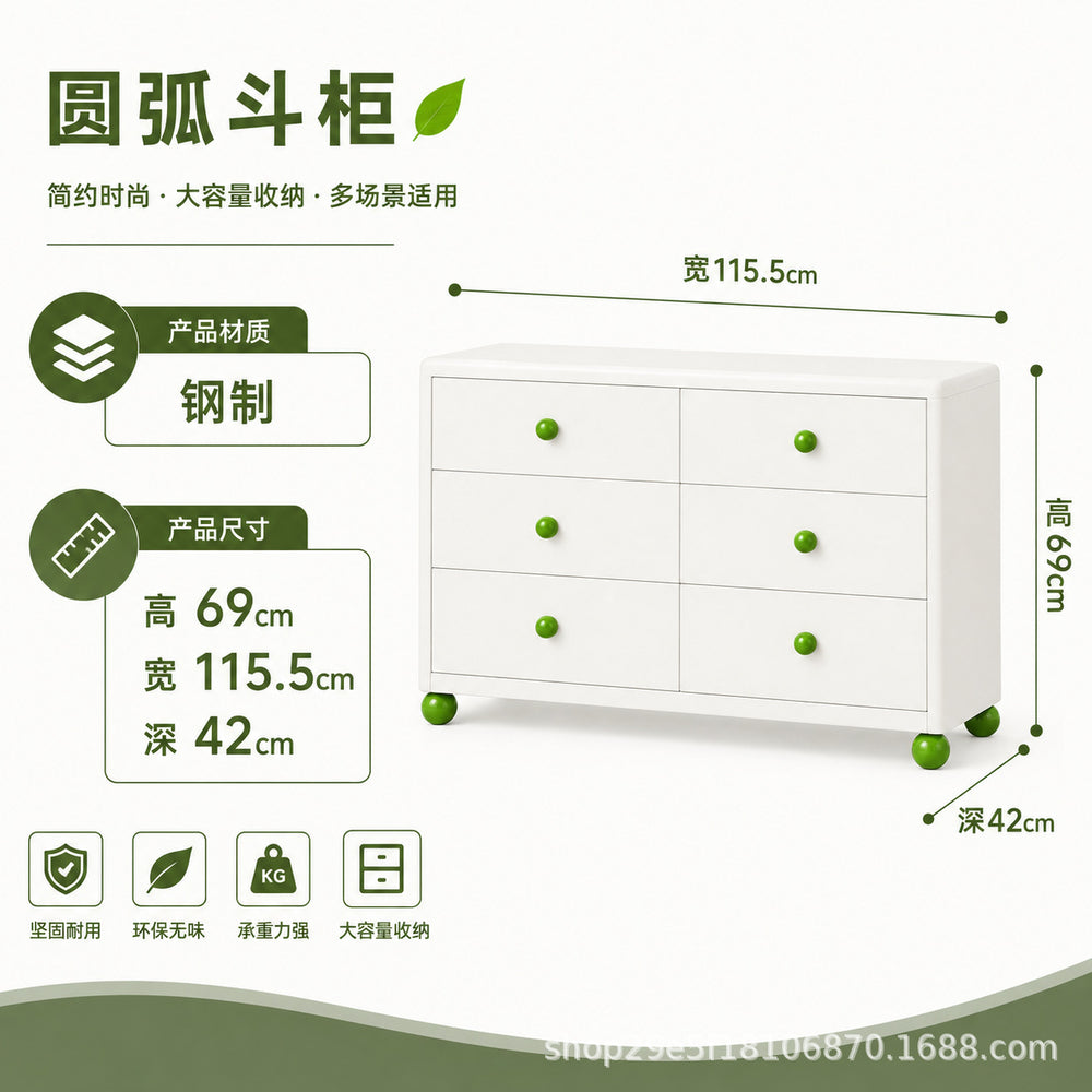 new steel low cabinet with rounded corners, freestanding five-drawer unit, wall-mounted integrated storage cabinet, kids' organizer
