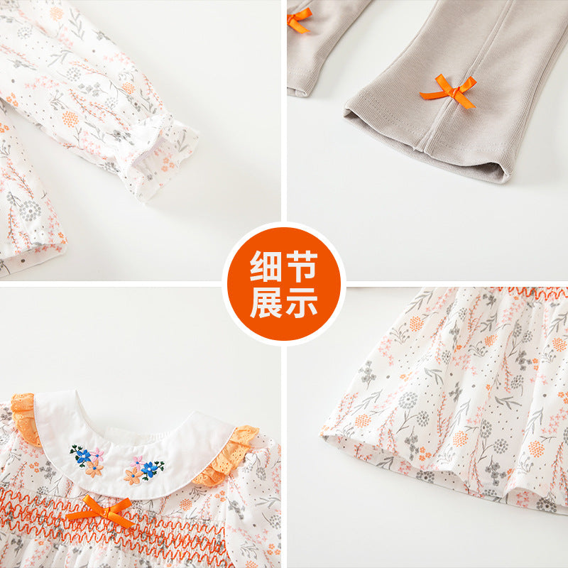 Girls' spring/autumn  new korean style floral embroidered outfit set - long sleeve top & flare pants