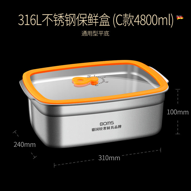 316 stainless steel large capacity glass cover lunch box kitchen sealed storage box household food grade refrigerator fresh-keeping box
