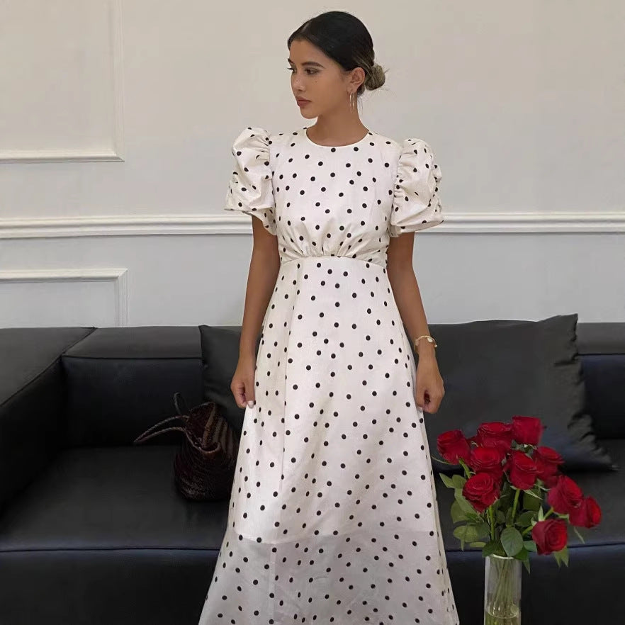 French polka dot dress women's summer  new arrival draped niche design puff sleeve elegant slimming long dress