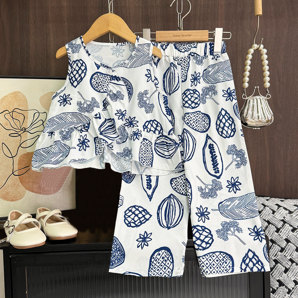 Girls' summer outfit : plant print casual sleeveless tank top and pants two-piece set - new cross-border wholesale & dropshipping