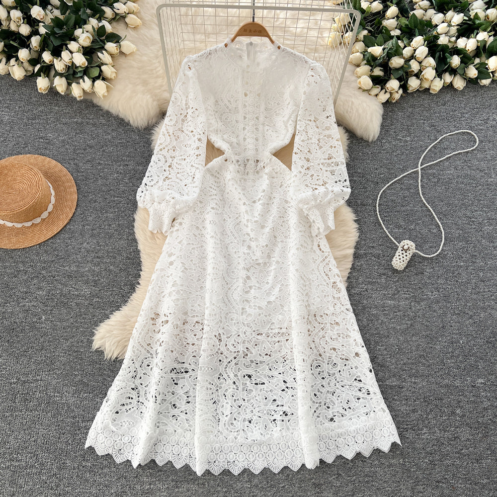 Classyelegancelacedressnew arrivalcut out crochet waist lantern sleeve long sleeves waist dress