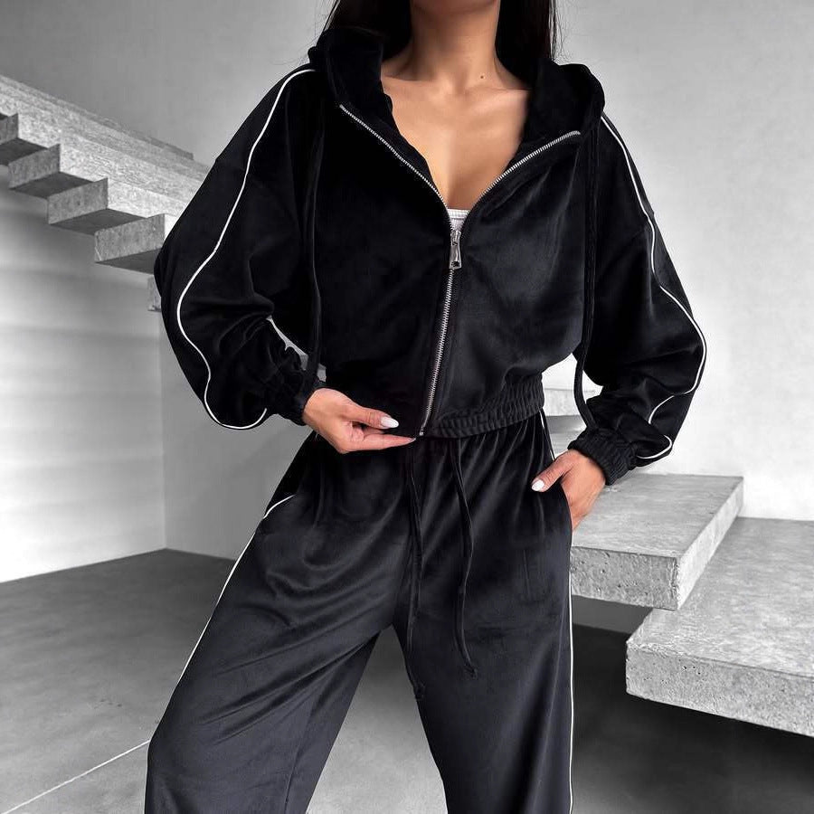 Europe, America, 's new velvet sports suit, bar-striped hooded cardigan, jacket, lace-up wide-leg pants, two-piece set for women
