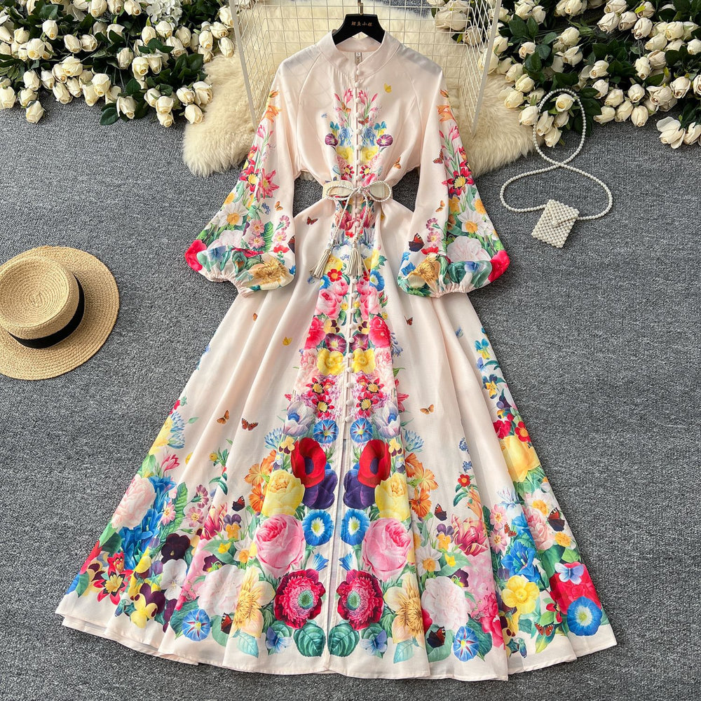 Elegant dress - spring  collection: european & american court style, printed stand collar, single-breasted button closure, cinched waist, lantern sleeves, and flowy maxi length