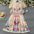 Elegant dress - spring  collection: european & american court style, printed stand collar, single-breasted button closure, cinched waist, lantern sleeves, and flowy maxi length