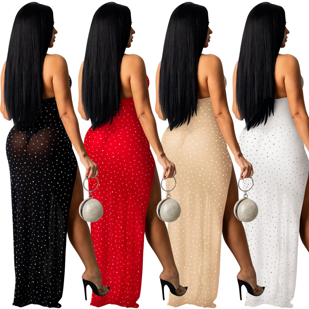 X5326 cross-border fashion new product nightclub sexy hot diamond inlaid diamond mesh see-through women's chest-wrapped slit dress
