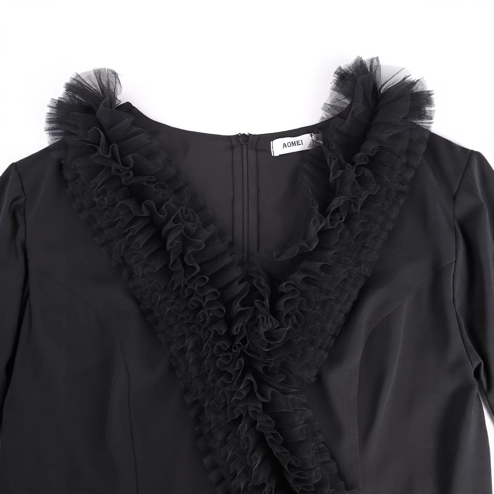African plus size black dress - raw hem design, v-neck, sheer chiffon sleeves, belted pleated skirt