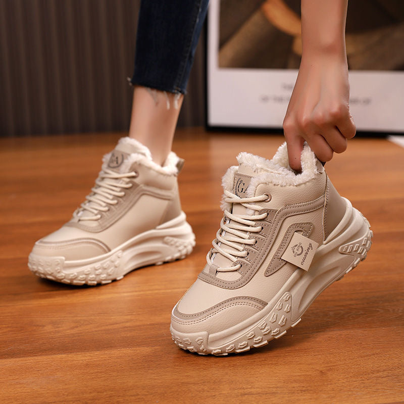 High-top women's shoes, new winter styles, trendy winter footwear, fleece-lined and thickened cotton shoes, cold-proof and warm, casual platform ankle boots